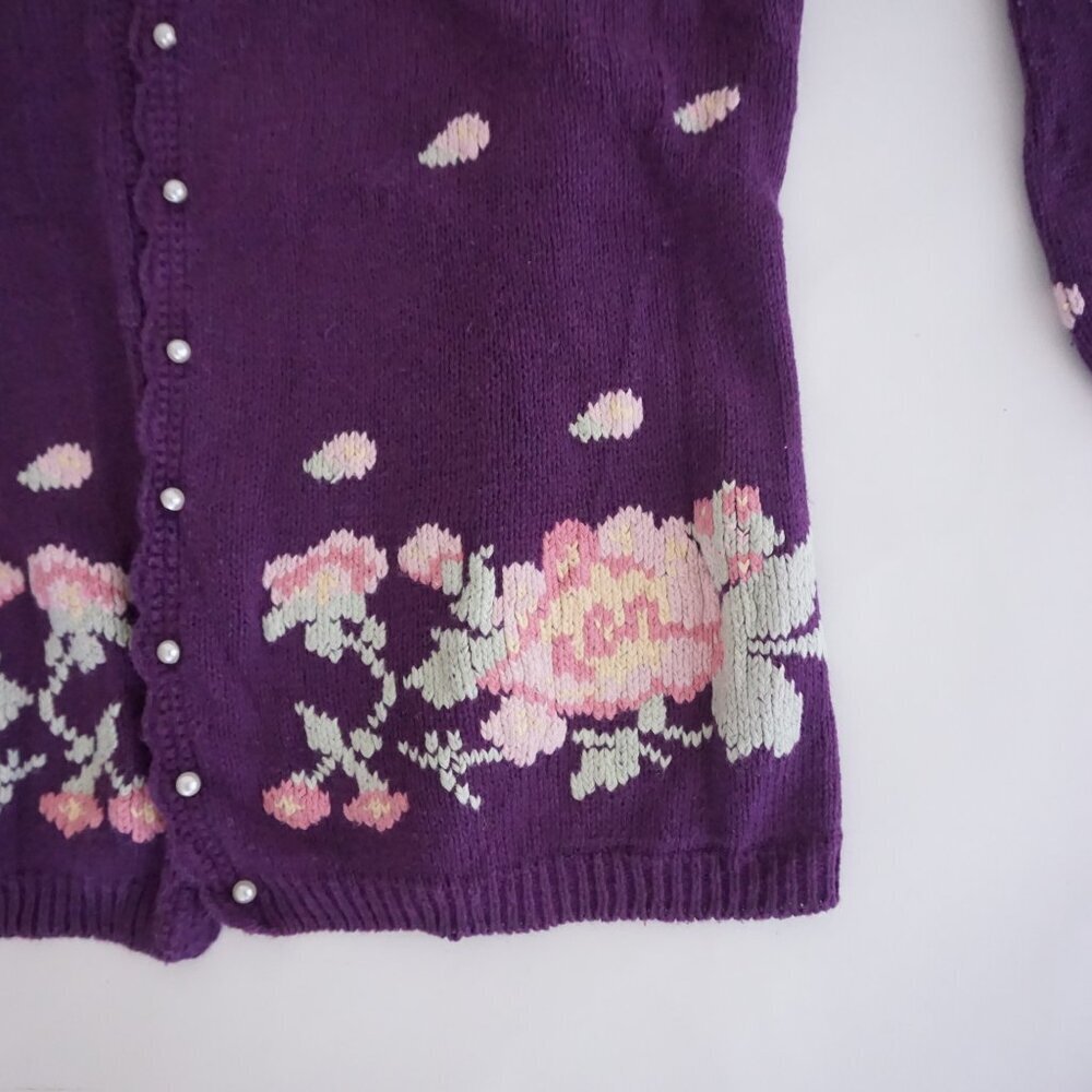 Vintage Maggie Lawrence Purple Polka Dot Floral Embroidered Knit Cardigan M - Picture 5 of 9